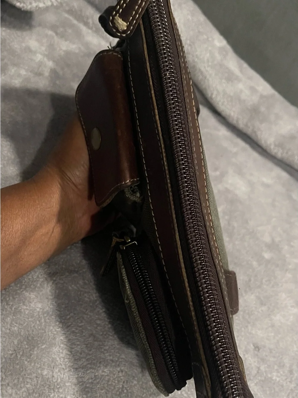 Fossil Olive Canvas Belt Bag with Brown Leather Trim